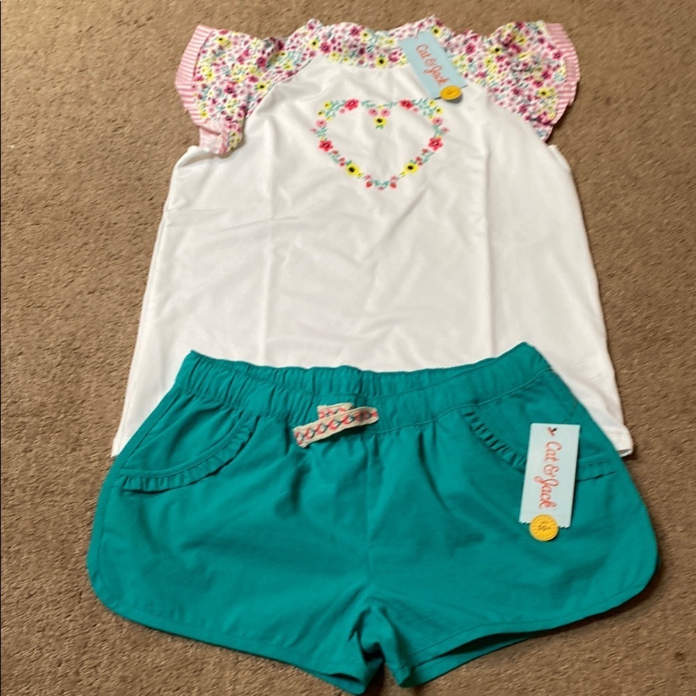 Girl’s White & Floral Top and Teal Shorts Set Medium to Big Girl Summer Beach